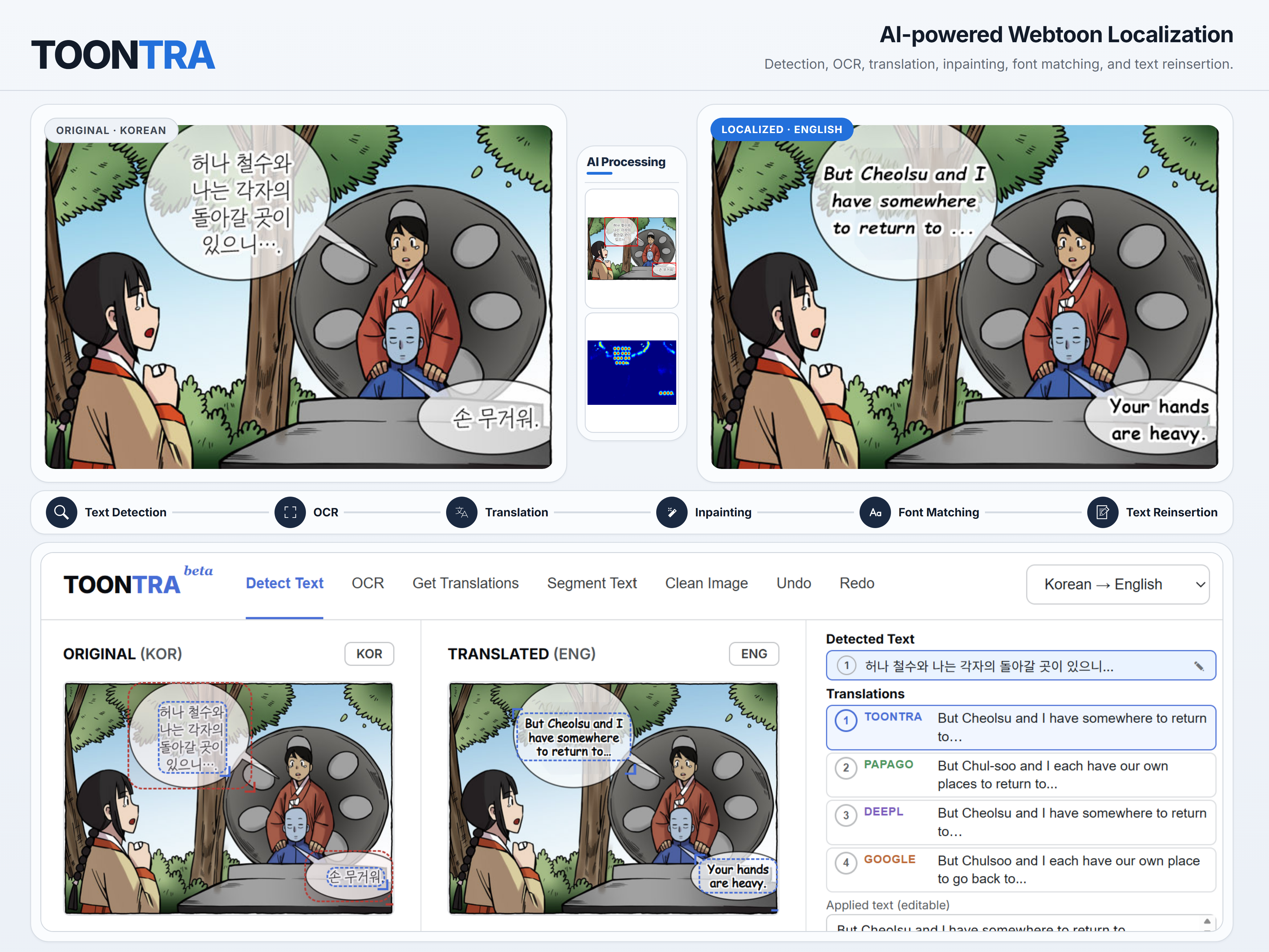 TOONTRA interface showing Korean-to-English webtoon localization